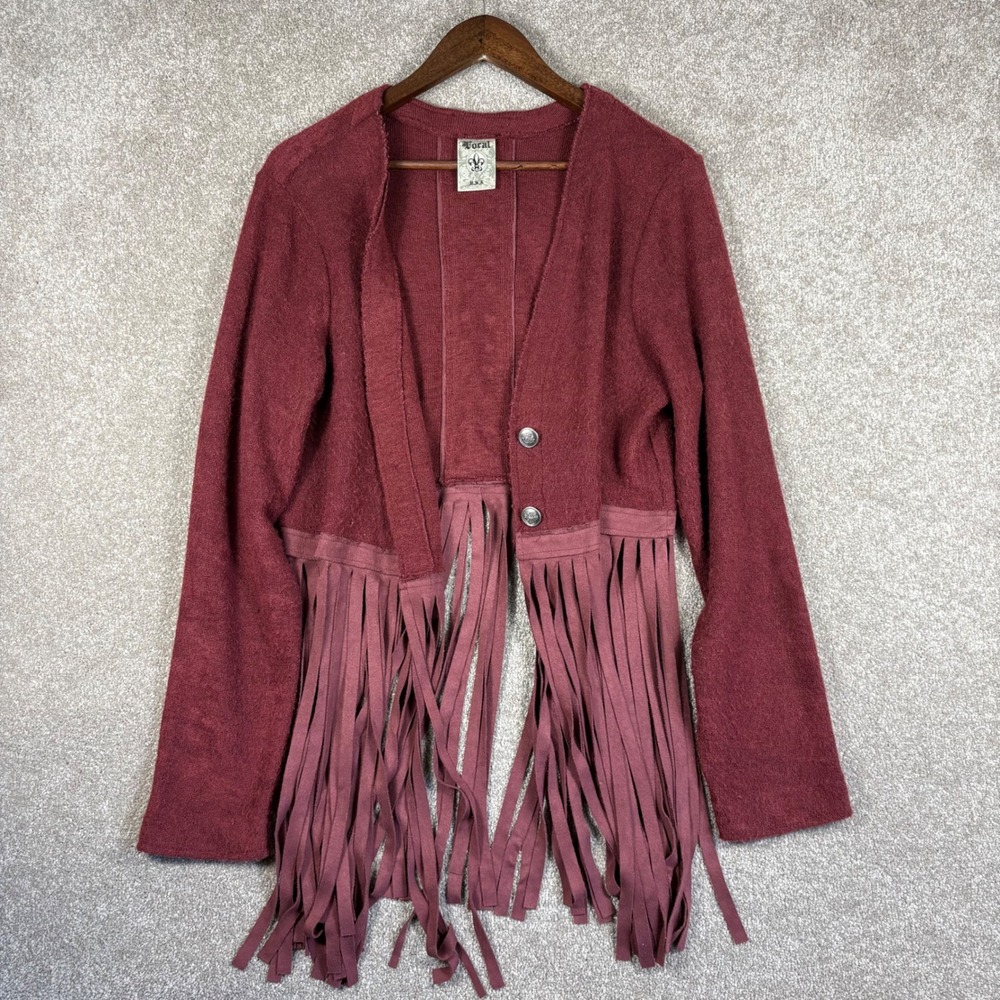 Vocal USA Burgundy Fringe Lace Up Back Cardigan Western Boho Knit Jacket